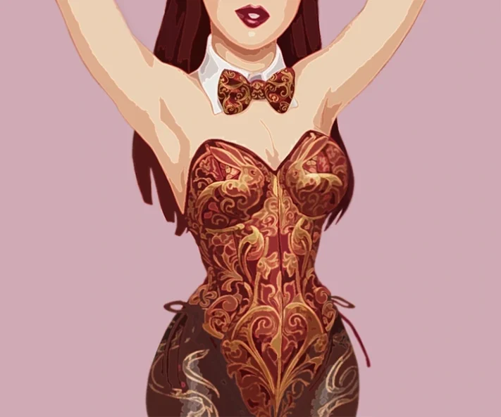 兎柄のボディスーツを着て腕を挙げるバニーガール